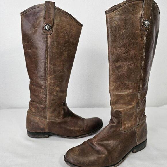 Frye Melissa Riding Boot Button Lug Equestrian Tall Women’s 8 Brown Distressed - Picture 1 of 11